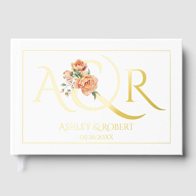 Elegant initials and peach roses wedding foil guest book  (Front)