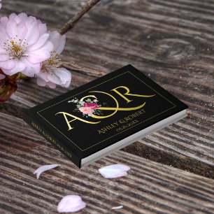 Elegant initials and pink roses wedding foil black guest book 
