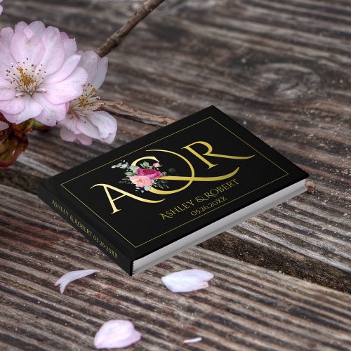 Elegant initials and pink roses wedding foil black guest book