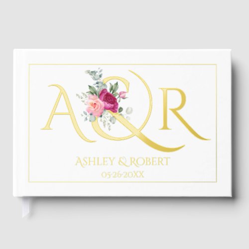 Elegant initials and pink roses wedding foil guest book