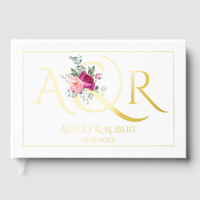 Elegant initials and pink roses wedding foil guest book  (Front)