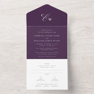 Elegant initials autumn plum purple wedding all in one invitation
