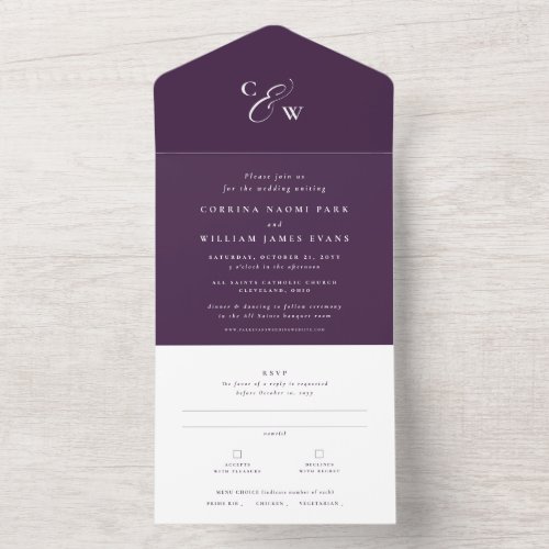 Elegant initials autumn plum purple wedding all in one invitation