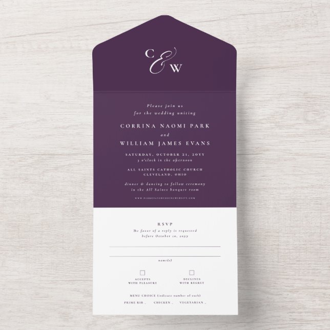 Elegant initials autumn plum purple wedding all in one invitation (Inside)