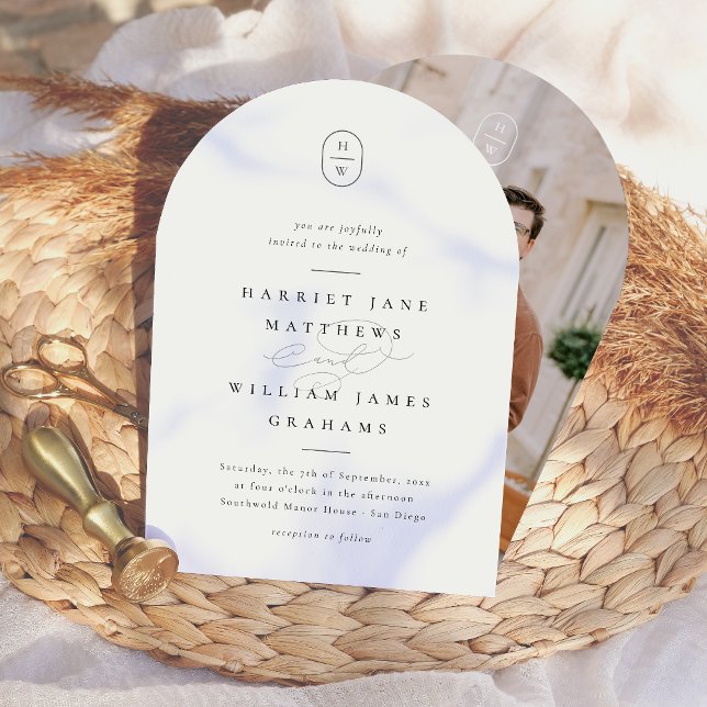 Elegant Initials Black & White Photo Arch Wedding Invitation (Card Front & Back Mock-up)