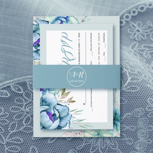 Elegant initials blue and mint green wedding invitation belly band
