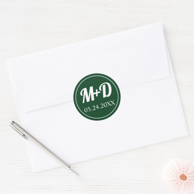 Elegant initials bold font green wedding classic round sticker (Envelope)