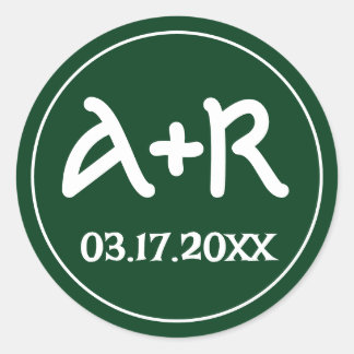 Elegant initials celtic font green wedding classic round sticker