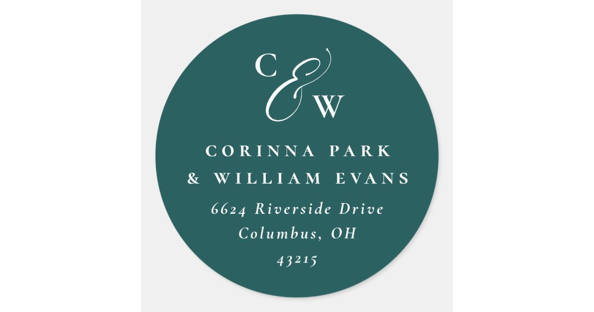 Elegant initials dark teal green wedding address classic round sticker ...