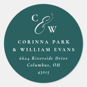 Elegant initials dark teal green wedding address classic round sticker