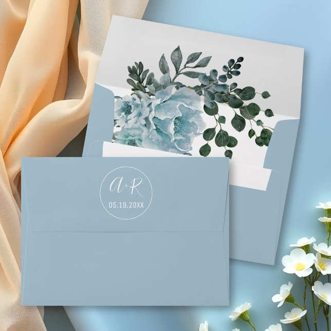 Elegant initials dusty blue flowers wedding envelope (Creator Uploaded)