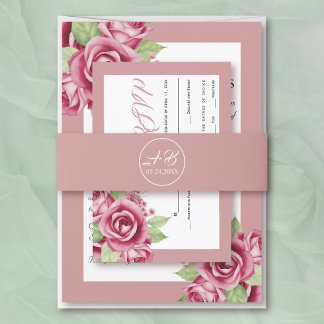 Elegant initials dusty pink wedding invitation belly band