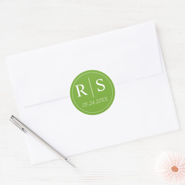 Elegant initials green spring wedding classic round sticker (Envelope)