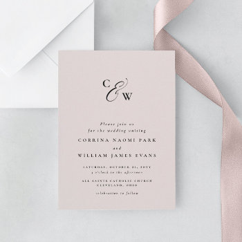 Elegant Initials Minimal Pink Wedding Invitation by LeaDelaverisDesign at Zazzle
