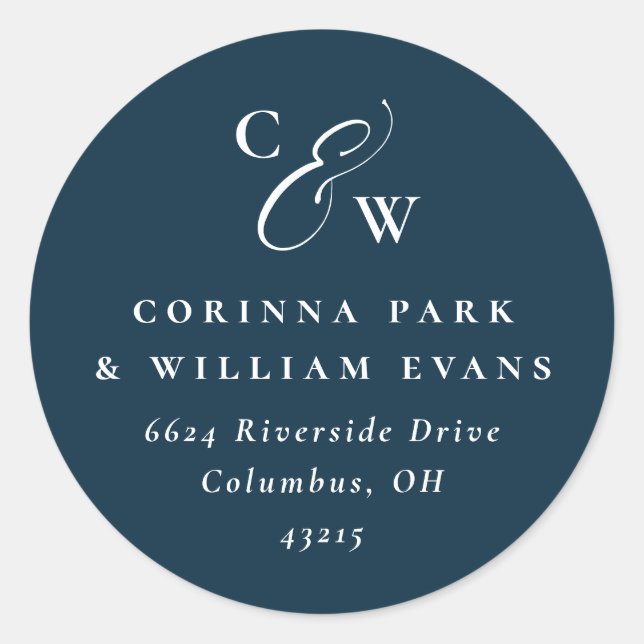 Elegant initials navy blue wedding return address classic round sticker (Front)