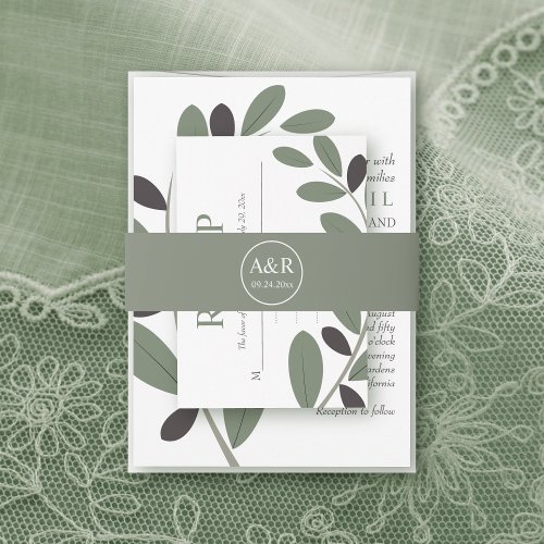 Elegant initials olive leaf green wedding invitation belly band