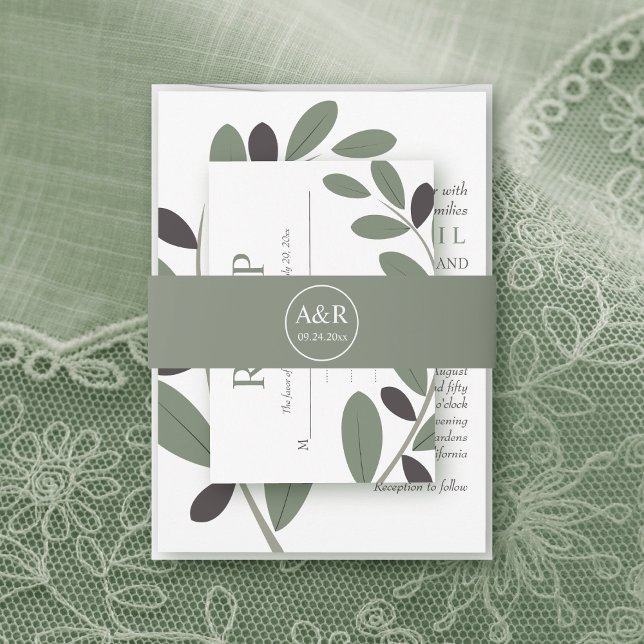 Elegant initials olive leaf green wedding invitation belly band (Creator Uploaded)