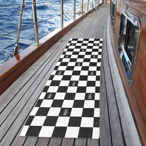 Elegant Initials on Black  White Checkered Custom Outdoor Rug