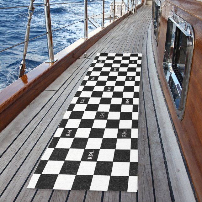 Elegant Initials on Black & White Checkered Custom Outdoor Rug (Artist's impression - see description for dimensions of your choice of size and shape)