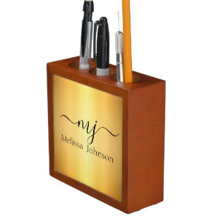 Elegant initials on gold desk organizer