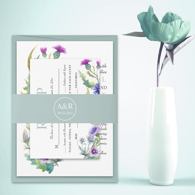 Elegant initials opal bluish green wedding invitation belly band (Creator Uploaded)