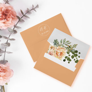 Elegant initials peach coral flowers wedding envelope