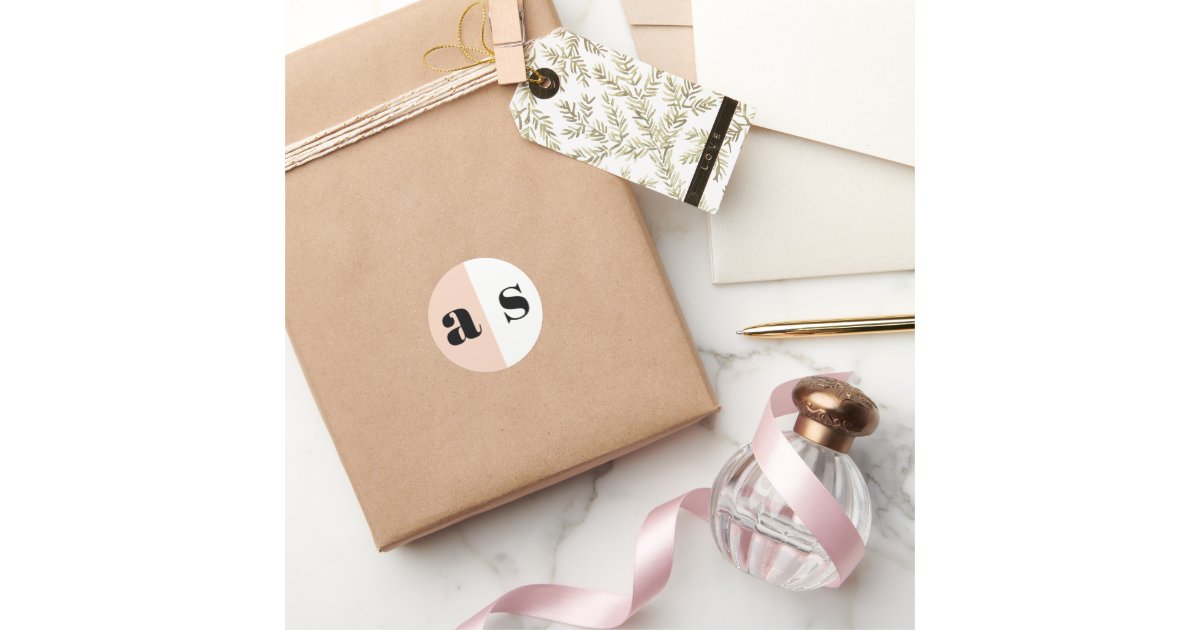 Elegant initials peach pink and white wedding classic round sticker ...