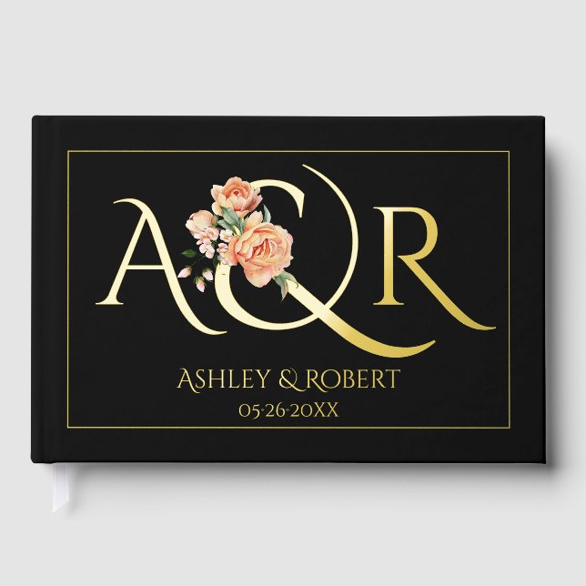 Elegant initials, peach roses wedding black foil guest book  (Front)