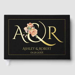 Elegant initials, peach roses wedding black foil guest book 