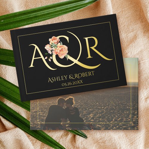 Elegant initials peach roses wedding black photo guest book