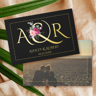 Elegant initials, pink roses black wedding photo foil guest book