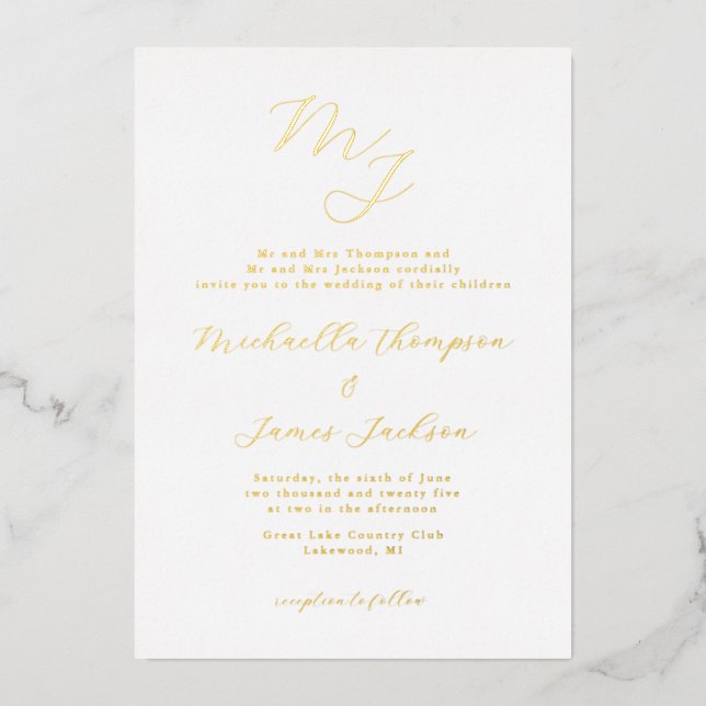 Elegant Initials Refined Wedding  Foil Invitation (Front)