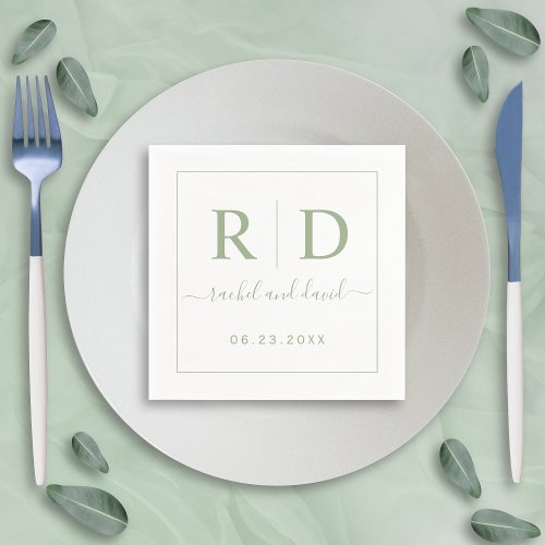 Elegant initials sage green monochrome wedding napkins