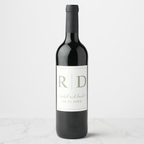 Elegant initials sage green monochrome wedding wine label