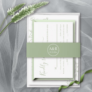 Elegant initials sage green spring wedding invitation belly band