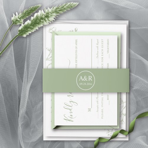 Elegant initials sage green spring wedding invitation belly band