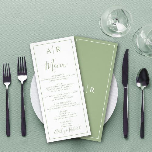 Elegant initials sage green wedding menu card