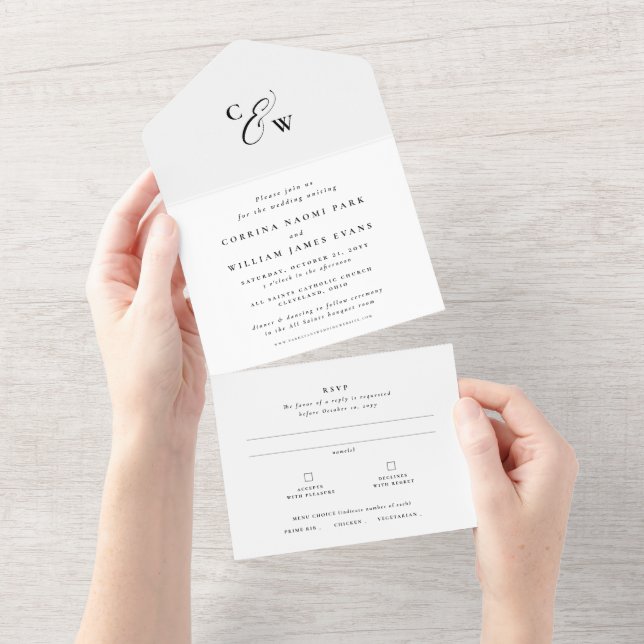 Elegant initials simple black and white wedding all in one invitation (Tearaway)