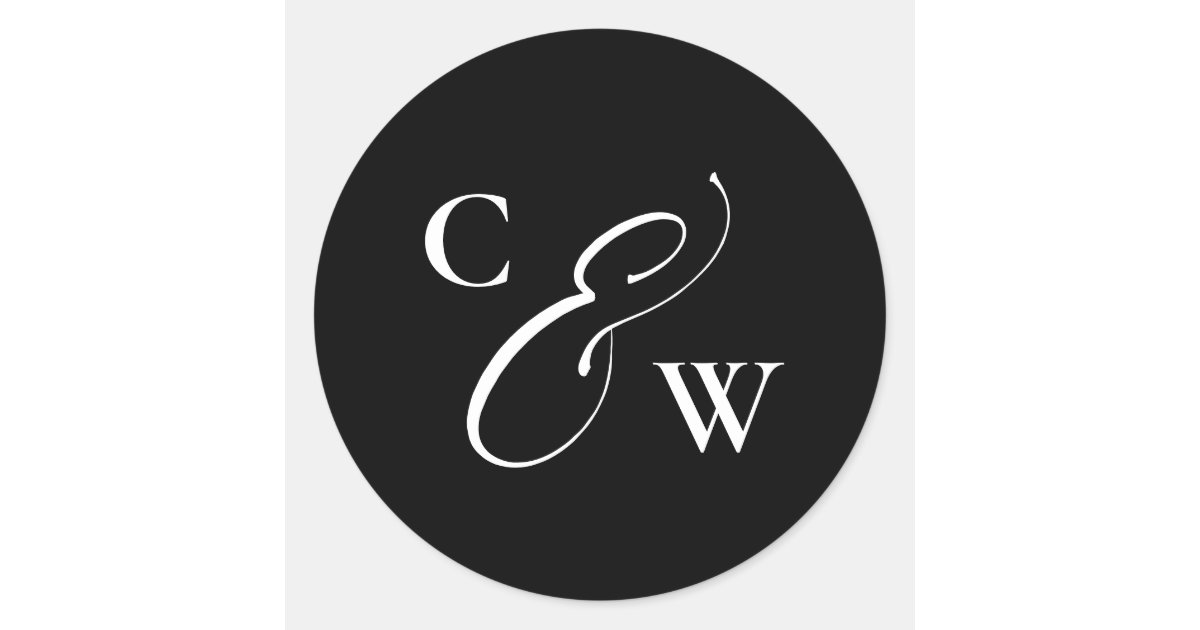 Elegant initials simple black and white wedding classic round sticker ...