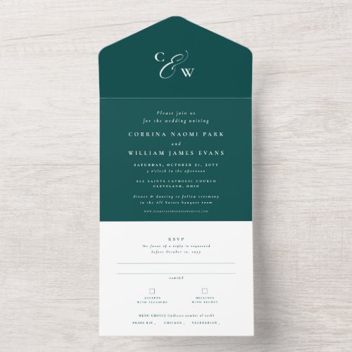 Elegant initials simple dark teal wedding all in one invitation