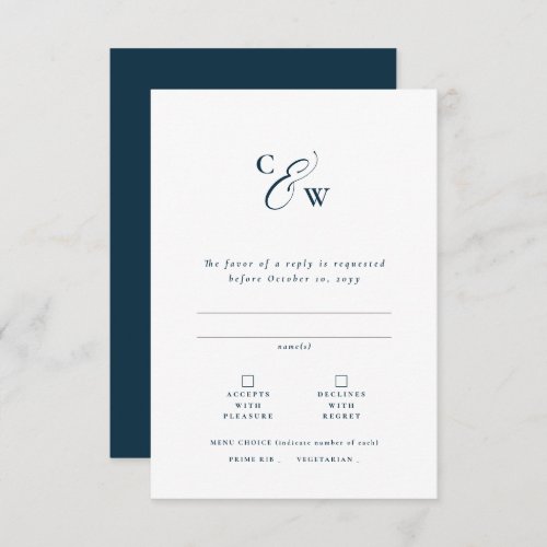 Elegant initials simple navy blue wedding RSVP card