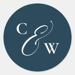Elegant initials simple navy blue white wedding classic round sticker