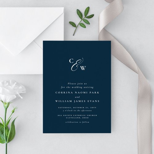 Elegant initials simple navy wedding invitation