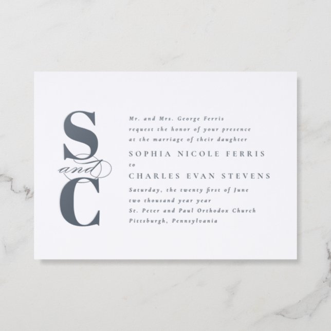 Elegant initials simple stylish wedding letterpress invitation (Front)