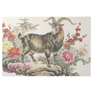 Elegant Ink Wash Goat with Floral Asian Art
