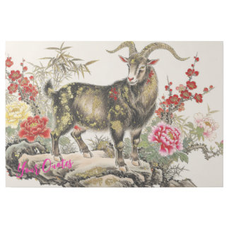 Elegant Ink Wash Goat with Floral Asian Art
