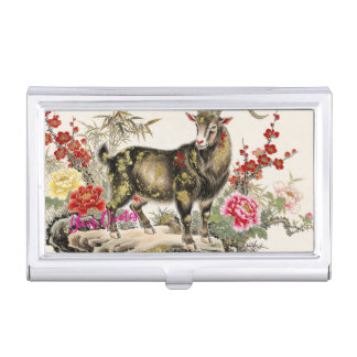 Elegant Ink Wash Goat with Floral Asian Art Business Card Case