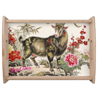 Elegant Ink Wash Goat with Floral Asian Art Serving Tray