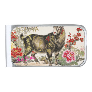 Elegant Ink Wash Goat with Floral Asian Art Silver Finish Money Clip