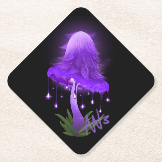 Elegant Inky Cap Glowing Purple Mushroom Paper Coaster (Front)